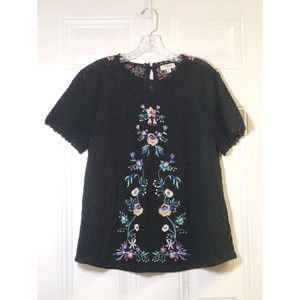 Umgee Womens Floral Embroidered Lace Tunic Top Size M Black Short Sleeve Lined